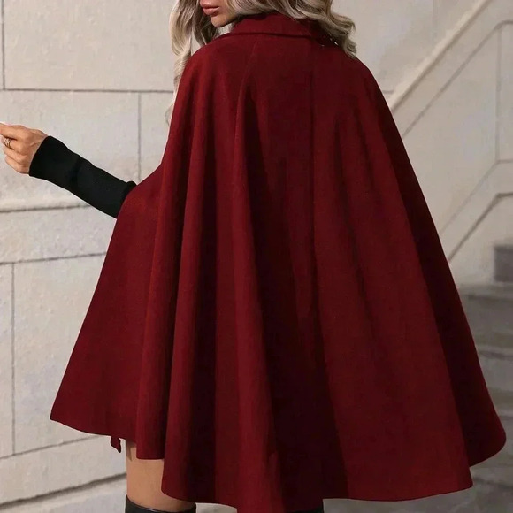 Burgundy Elegant Women's Double Breasted Cape Sleeve Woolen Coat - Picture 3 of 6
